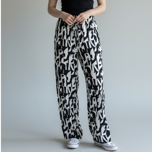 Monteau Pants - Monteau Los Angeles Black White Abstract Wide Leg Pants Size Small